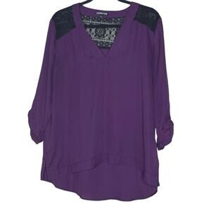 Express Purple Top, Black Lace, V Neck, Office Shirt